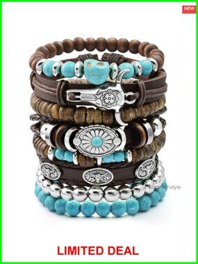 8pc Faux Leather Turquoise Beaded Stretch Bracelets Concho Ox-Head Charm